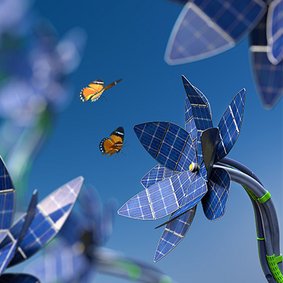 Schmetterlinge fliegen zu Blume mit Solarpaneelen als Blütenblätter